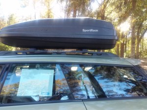 We were loaded down. Adam and I in the front, 3 kids in car seats in the back seat and Duke was in the cargo area. Of course our luggage was on top!